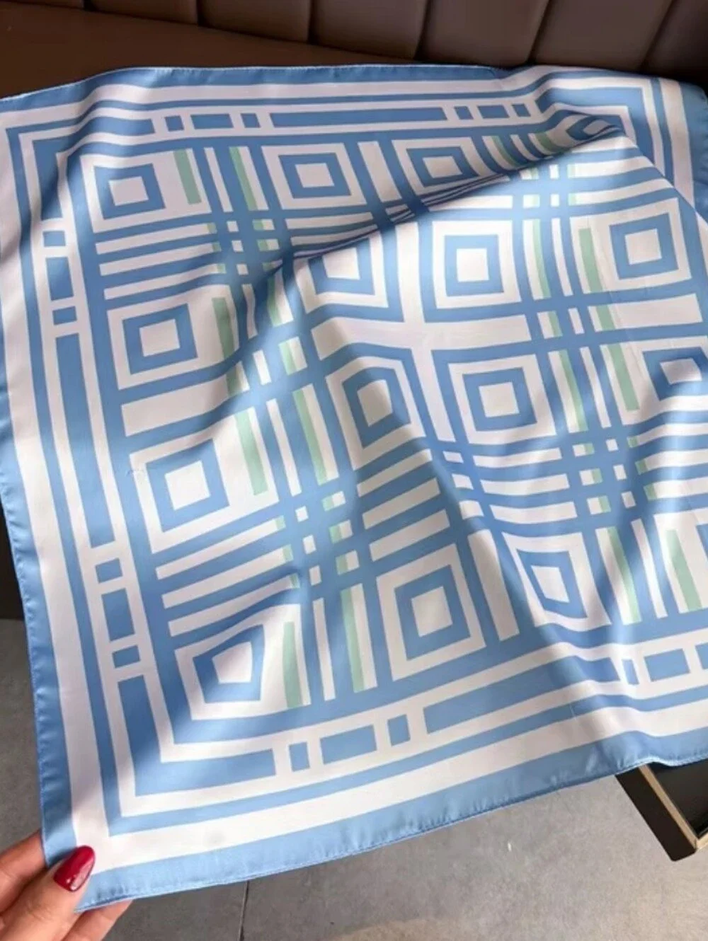 Silk-feel Blue Geometric Square Scarf - Women Head Scarf , Neck Scarf
